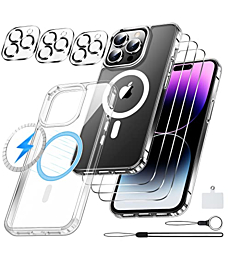 [9 in 1] Magnetic Case for iPhone 14 Pro Max Case,[Compatible with Magsafe] [Non Yellowing][3 Pcs Glass Screen Protector+Camera Lens Protector] Shockproof Slim Thin Phone Case Cover 6.7"-Clear