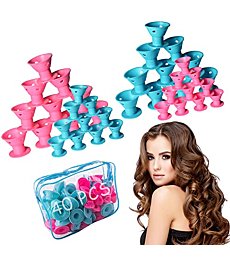 40 Pcs Magic Hair Rollers, Smilco Silicone Hair Curlers Set Including 20 Large and 20 Small for Women Girls (Pink&Blue)