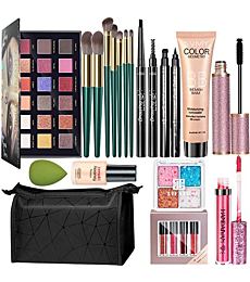 All in One Makeup Kit, Includes 18 Colors Eyeshadow Palette, Lipstick Set BB Cream Face Primer Makeup Brush Mascara Eyeliner, Preppy Makeup, Gift Set for Women, Girls or Teens, Easy to Carry