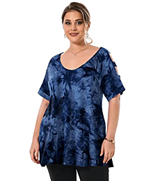 LARACE Plus Size Cold Shoulder Tops for Women Tie Dye Shirt V Neck Tunic Short Sleeve Summer Clothes Cut Out Tee(T09-DarkBlue 3X)