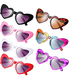 Kids wearing heart-shaped sunglasses in various colors