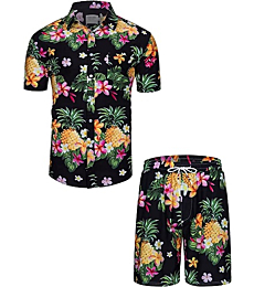 fohemr Men Shirt Short Set 2 Piece Matching Hawaiian Beach Outfits Patterned Tropcail Shirt and Short Suits Vocation Pineapple Black 3X-Large