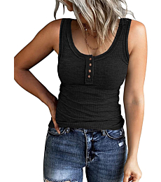 PIIRESO Women's Summer Scoop Neck Ribbed Tank Tops Sleeveless Henley Button Down Casual Shirts