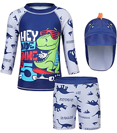 COTRIO Toddler Boys Rash Guard Sunsuits Two Pieces Bathing Suit Kids Dinosaur Rashguard Shirt Swim Trunk Swimsuit Swimwear with Sun Hat UPF 50+ (1-2 Years, Navy, M)