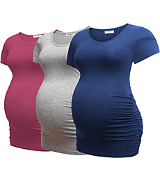 Bearsland Womens Maternity Tshirt 3 Packs Classic Side Ruched Tee Top Mama Pregnancy Clothes,russetred+LightGray+Blue,M