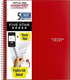 Five Star Spiral Notebook + Study App, 5 Subject, College Ruled Paper, 200 Sheets, 11" x 8-1/2", Assorted Colors, Color Will Vary, 1 Count (06208)