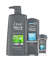 Dove Men+Care Hair + Skin Care Regimen Personal Care for Men Clean Comfort + Fresh & Clean Body Wash, 2-in-1 Shampoo and Conditioner, and Antiperspirant Clinical Deodorant