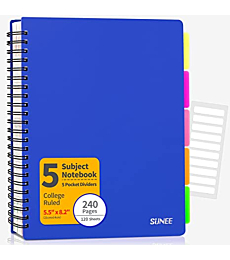 SUNEE A5 Subject Notebook College Ruled - 240 Pages, 5.5"x8.2", Spiral Lined Notebook with 5 Pocket Colored Dividers, Blue Notebooks for School Supplies, Home & Office, Writing Journal