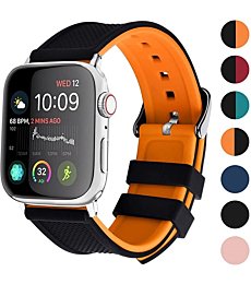 Fullmosa Compatible Sport Apple Watch Band 45mm 44mm 42mm 41mm 40mm 38mm,Rainbow Soft Silicone Rubber iWatch Band for Apple Watch SE/7/6/5/4/3/2/1, Black Top/Pumpkin Orange Bottom 45mm 44mm 42mm
