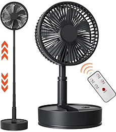 7200mAh Battery Powered Oscillating Fan, 8" Rechargeable Foldaway Fan, 12H Working Time, Height Adjustment, 4 Speeds, Remote Control, Portable Standing Fan for RV, Travel, Camping, Desk, Home, Outdoor