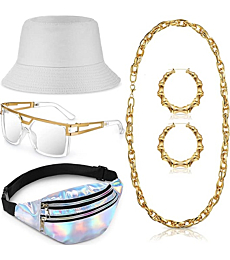 Handepo 5 Pcs Hip Hop Costume Kit 80s/90s Rapper Accessories Bucket Hat Sunglasses Rope Chain Hoop Earrings Waist Belt Bag (White, Gradient)