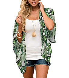 Women's Green Tropical Palm Leaf Kimono Cardigans Plus Size Boho Summer Beach Chiffon Sheer Cover Ups Tops Hawaiian Jungle 2XL