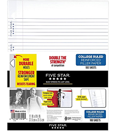 Five Star Loose Leaf Paper, 3 Hole Punched, Reinforced Filler Paper, College Ruled Paper, 11" x 8-1/2", 100 Sheets/Pack (17010)
