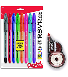 RSVP Pens Colored Ballpoint Pens Medium Point, Color Pens, 8 Pack and a Jumbo Correction Tape Whiteout