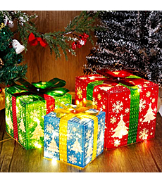 GUOOU Set of 3 Lighted Gift Boxes Christmas Decorations, 60 LED Lighted Snowflake Christmas Tree Present Boxes, Christmas Home Gift Box Decorations