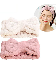 Jseng Microfiber Bowtie Women Beauty Headbands, Extrame Soft & Ultra Absorbent, Comfort to Wash Makeup Shower Facial Skincare Spa Thick Hair Band for Girls (Beige+Pink)