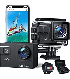 WOLFANG GA320 4K 60FPS Action Camera 20MP Touchscreen WiFi Underwater Camera, 40M Waterproof Helmet Bike Camera with 8X Zoom 6 AXIS EIS, Suitcase, Remote Control, 2x1050mAh Batteries, Accessory Kit