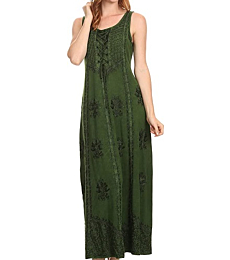 Sakkas 15229 - Stella Long Tank Top Adjustable Caftan Corset Dress with Embroidery - Green - S/M