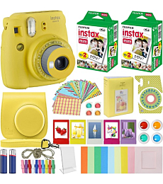Fujifilm Instax Mini 9 - Instant Camera Clear Yellow with Clear Accents with Carrying Case + Fuji Instax Film Value Pack (40 Sheets) Accessories Bundle, Color Filters, Photo Album, Assorted Frames