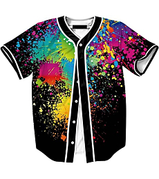Baseball Jersey Tie-Dye Printed for 80s 90s Theme Birthday Party Short Sleeve Button Down Hip Hop Tunic Tee Shirts T002-Black-XXL