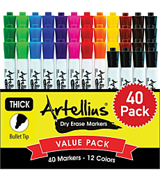 40 Pack of Dry Erase Markers (12 ASSORTED COLORS WITH 7 EXTRA BLACK) - Thick Barrel Design - Perfect Pens For Writing on Whiteboards, Dry-Erase Boards, Mirrors, Windows, & All White Board Surfaces