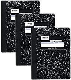Mead Composition Notebook, 3 Pack, Wide Ruled Paper, 9-3/4" x 7-1/2", 100 Sheets per Notebook, Black Marble (38301)