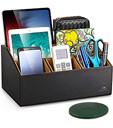 LAMOTI Leather Desk Organizer with a 4" Coaster, Large Capacity 5 Compartments Desktop Unifier, Handcrafted (Black)