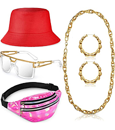 Handepo 5 Pcs Hip Hop Costume Kit 80s/90s Rapper Accessories Bucket Hat Sunglasses Rope Chain Hoop Earrings Waist Belt Bag (Red, Pink)