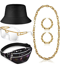Handepo 5 Pcs Hip Hop Costume Kit 80s/90s Rapper Accessories Bucket Hat Sunglasses Rope Chain Hoop Earrings Waist Belt Bag (Black,)