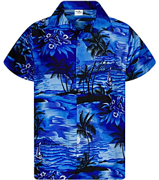 KING KAMEHA Funky Hawaiian Shirt, Shortsleeve, Surf, Monoblue, XS