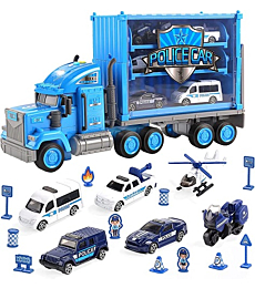 22 PCS Police Car Toy Set Transport Car Carrier Truck with Mini Alloy Car, Push and Go Play Vehicle with Sounds and Lights, Gifts for Boys Toddler Kids