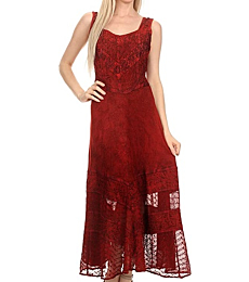 Sakkas 15225 - Zendaya Stonewashed Rayon Embroidered Floral Vine Sleeveless V-Neck Dress - red - 1X/2X