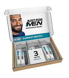Just For Men Mustache & Beard, Beard Coloring for Gray Hair, With Biotin Aloe and Coconut Oil for Healthy Facial Hair - Darkest Brown, M-50 (Pack of 3, Ecomm Friendly Packaging)