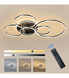 Modern LED Ceiling Light 106W Dimmable Acrylic Ceiling Lamp with Remote Control 6 Rings Circle Living Room Light Fixtures Ceiling Black Ceiling Chandelier Lighting for Bedroom Dining Room (5+1B01)
