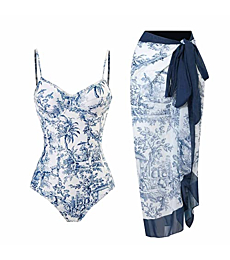 Cbcbtwo One Piece Bathing Suit for Women with Bikini Maxi Wrap Skirts 2 Piece Floral Print Swimsuit Tummy Control Tankini Set
