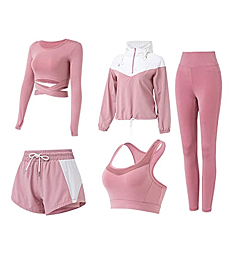 5 PCS Workout Sets for Women Running Yoga Outfits Athletic Gym Exercise Clothes Activewear Sets Tracksuit(Pink,S)