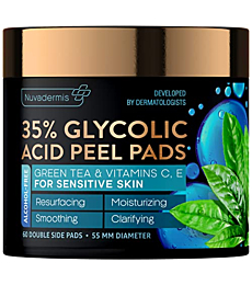 35% Glycolic Acid Pads - Exfoliating Facial Peel - Natural Resurfacing for Sensitive Skin - Green Tea & Vitamins C, E - Cleans Blackheads, Dark Spots, Acne - Radiance Face Wipes - 60 Double-Side Pads