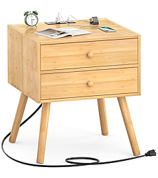 Homykic Nightstand with Charging Station, Bamboo Mid Century Modern Bedside Table with USB Outlets and 2 Drawers, Large Accent Boho Wood End Table Side Table for Bedroom, Easy to Assemble, Natural