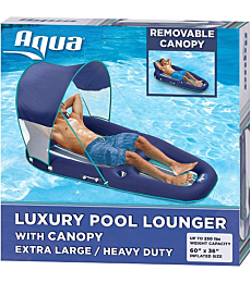 Aqua Ultimate Pool Float Lounger with UPF 50 Canopy and Cupholder – Heavy Duty, Inflatable Pool Lounge for Adults – Navy/Aqua/White Stripe