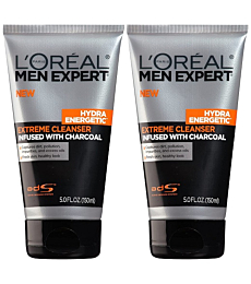 L'Oreal Men Expert Hydra Energetic Facial Cleanser with Charcoal for Daily Face Washing, Mens Face Wash, Beard and Skincare for Men, 2 ct.