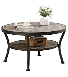 O&K FURNITURE Rustic Round Coffee Table for Living Room, Industrial Coffee Table with Storage Open Shelf, Gray-Brown