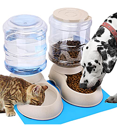 2 Pack Automatic Cat Feeder and Water Dispenser in Set with Pet Food Mat for Small Medium Dog Pets Puppy Kitten Big Capacity 1 Gallon x 2 (2 Pack Cream)
