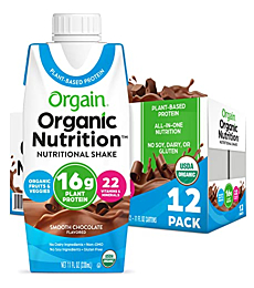 Orgain Organic Vegan Plant Based Nutritional Shake, Smooth Chocolate - Meal Replacement, 16g Protein, 22 Vitamins & Minerals, Dairy Free, Gluten Free, 11 Fl Oz (Pack of 12)