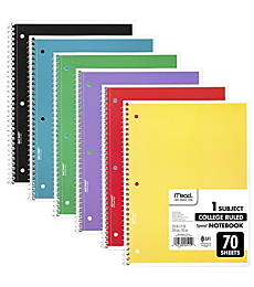 Mead Spiral Notebooks, 6 Pack, 1-Subject, College Ruled Paper, 10-1/2" x 8”, 70 Sheets per Notebook, Assorted Colors (73065)