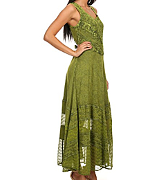 Sakkas 15225 - Zendaya Stonewashed Rayon Embroidered Floral Vine Sleeveless V-Neck Dress - Green - 1X/2X