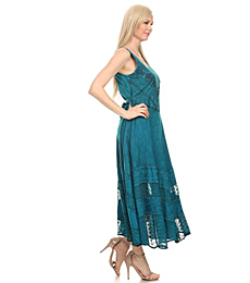 Sakkas 15225 - Zendaya Stonewashed Rayon Embroidered Floral Vine Sleeveless V-Neck Dress - Turquoise Blue - 1X/2X