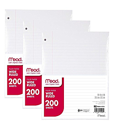 Mead Loose Leaf Paper, 3 Pack, 3 Hole Punch Reinforced Filler Paper, Wide Ruled Paper, 10-1/2" x 8", 200 Sheets per Pack (73183)