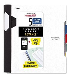 Five Star Advance Spiral Notebook + Study App, 5 Subject, College Ruled Paper,11" x 8-1/2", 200 Sheets, With Spiral Guard and Movable Dividers, White, 1 Count (73154)