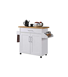 Hodedah Kitchen Island with Spice Rack, Towel Rack & Drawer, White with Beech Top, 15.5 x 35.5-44.9 x 35.2 inches