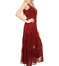 Sakkas 15225 - Zendaya Stonewashed Rayon Embroidered Floral Vine Sleeveless V-Neck Dress - red - 1X/2X